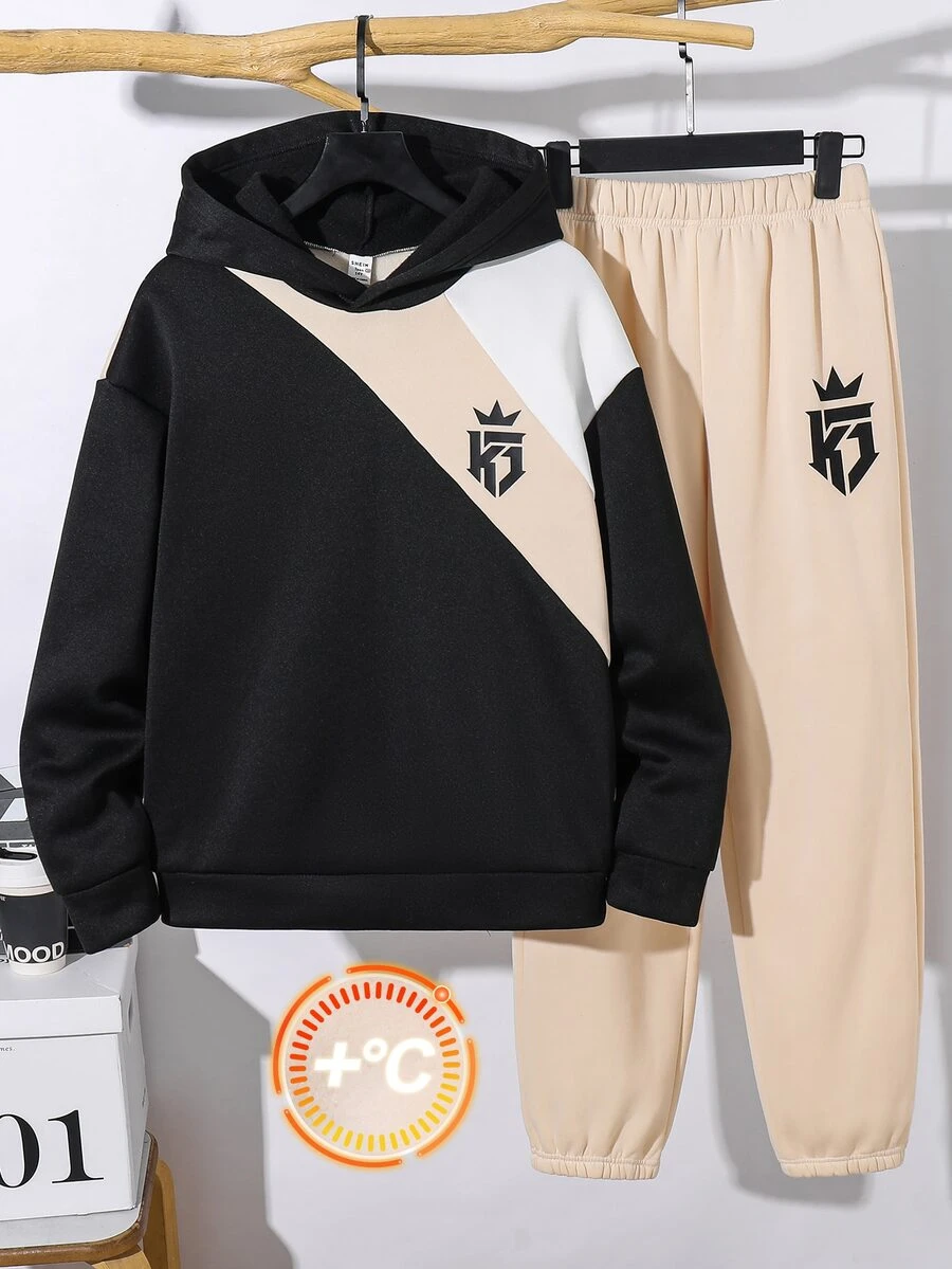 SHEIN Bộ 2 món áo nỉ và quần dài phối màu cho bé trai tuổi teen, phong cách thường ngày, thoải mái, thời trang, đa năng, chất vải mềm, phù hợp mặc hằng ngày và đi học
