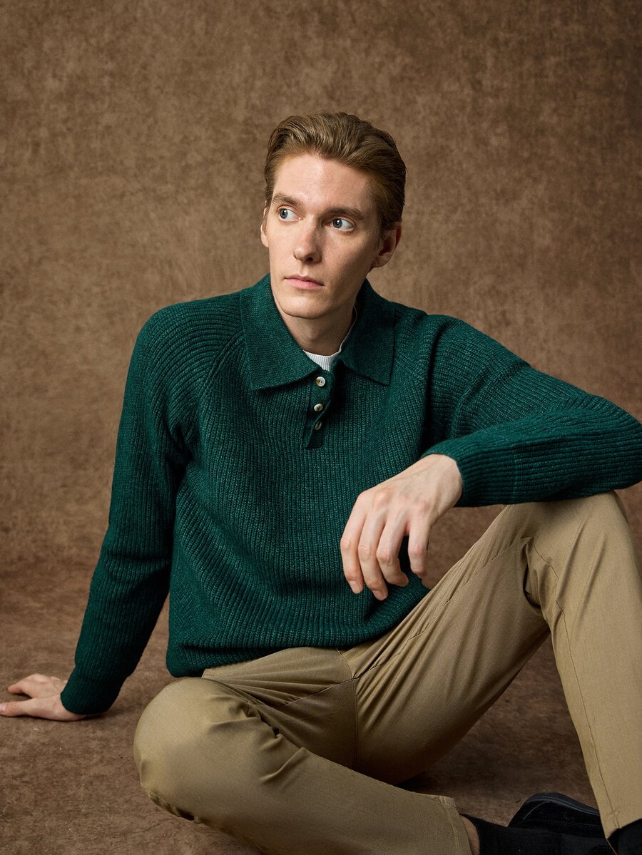 Manfinity CityGents Men's Ribbed Minimalist Button Half-Placket Long Sleeve Sweater - Dark Green - View 1