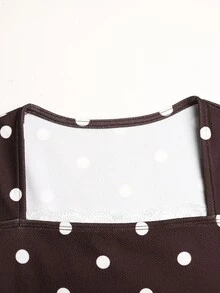 SHEIN Tween女孩秋冬休閒法式優雅棕色與白色波點印花方領對比蕾絲長袖洋裝，適合返校、日常穿著、假期穿搭、秋冬疊穿 - 棕色 - 查看 5