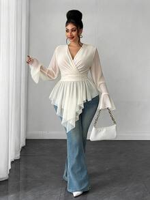 Maweii Plus Size V-Neck Criss-Cross Chiffon Blouse With Flared Long Sleeves, Elastic Waist And Asymmetrical Ruffle Hem, Flattering Shirt - Beige - View 4