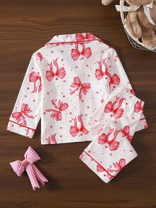 SHEIN 秋冬少女甜美可愛優雅親膚柔軟舒適休閒日常穿著蝴蝶結與愛心印花前開襟針織長袖上衣與長褲2件套家居服度假居家風 - 彩色 - 查看 2