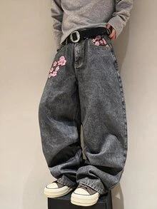 STEELVANCE 街頭風極簡精緻桃花刺繡設計百搭寬鬆寬腿牛仔褲 - 灰色 - 查看 3