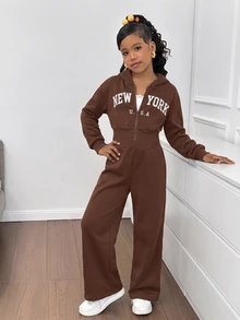 SHEIN 女童時尚簡約純色連帽拉鍊印字字母高腰秋冬連身褲 - 棕色 - 查看 4