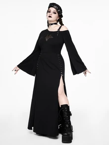 ROMWE Grunge Punk Plus Size Y2K Punk Star Hollow Design Sexy Asymmetrical Shoulder Bell Sleeve High Slit Dress - Black - View 4