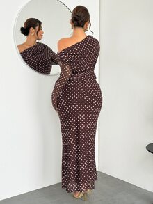 Firerie Plus Size Women Polka Dot Asymmetric Shoulder Long Sleeve Top And Skirt Casual 2 Pieces Set Elegant Thanksgiving 2 Pieces Set For Women Fall/Winter - Coffee Brown - View 2