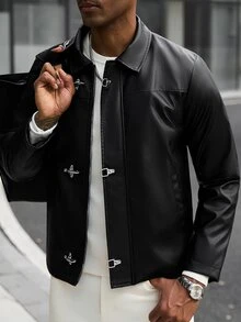 Manfinity CasualCool جاكيت جلد كاجوال للرجال مع إبزيم طائرة - الأسود - مشاهدة 6