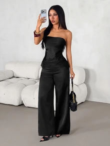 SHEIN PETITE Women's Satin & Lace Patchwork Bandeau Top And Long Pants 2 Pieces Set - Black - View 6