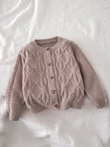 SHEIN 女童純色針織圓領花瓣袖休閒開襟外套 秋冬毛衣 - 卡其色 - 查看 3