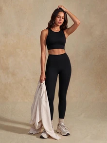 SHEIN Unity 女款純色短版上衣與長褲休閒運動套裝 - 黑色 - 查看 5