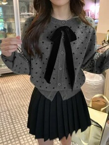 DAZY Cardigan Kasual Wanita Motif Polkadot dengan Hiasan Pita - Grey - View 1