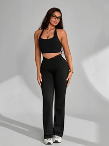Slayform Women's Solid Color Contrast Lace Flare Leg Sports Pants - Black - View 3