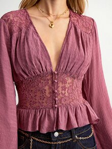 Willow Rêve Women's Pink V-Neck Lace Trim Patchwork Waist-Cinching Long Sleeve Blouse - Hot Pink - View 7