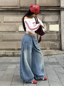 StreetHx Light Blue Washed Asymmetrical Waist Deconstructed Wide Leg Denim Jeans With Side Cargo Pockets, Streetwear Asymmetrical Floor-Length Pants - Light Wash - View 4