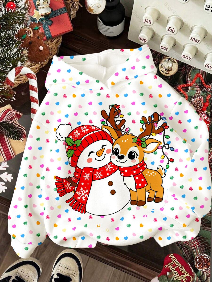 Tween Girl Vintage Reindeer & Snowman Print Sweatshirt, Parent-Child Matching Outfit For Holiday Party - Multicolor - View 1