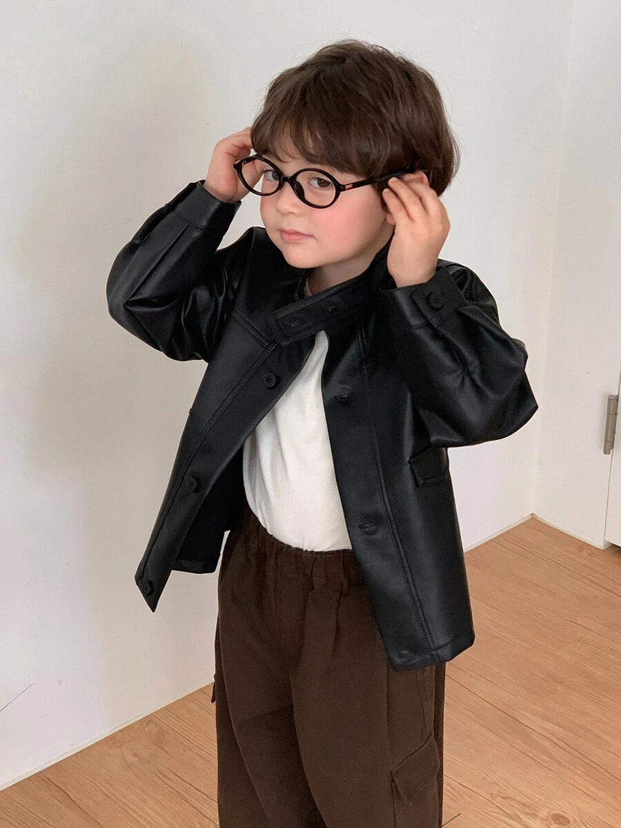 DAZY Infant (Boy) Solid Color Long Sleeve PU Korean Style Jacket - Black - View 1
