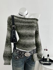 Elamini 女款黑色秋冬獨特不對稱肩色塊條紋金屬線收腰喇叭袖針織毛衣，1件 - 軍綠色 - 查看 6