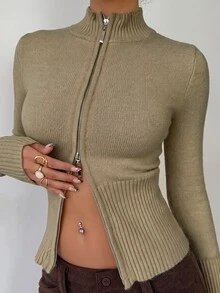 Aloruh Women's Casual Ribbed High Neck Zip-Up Long Sleeve Sweater Cardigan, Yellow, Suitable For Everyday Wear And Sports, Autumn/Winter - Khaki - View 8