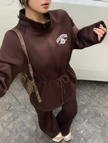 DAZY Women's Letter Print Zip-Up Drawstring Waist Hoodie Jacket And Pants Casual 2 Pieces Set - Apricot - View 6