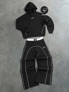 SHEIN 兒童青少年男孩 2 件組 新 Logo 刺繡圖案街頭運動風拼色鑲嵌黑色連帽衛衣與喇叭褲套裝，適合秋冬、開學季、舒適穿著、家庭聚會、生日派對、拍照、度假、節日、運動風格 - 黑色 - 查看 2