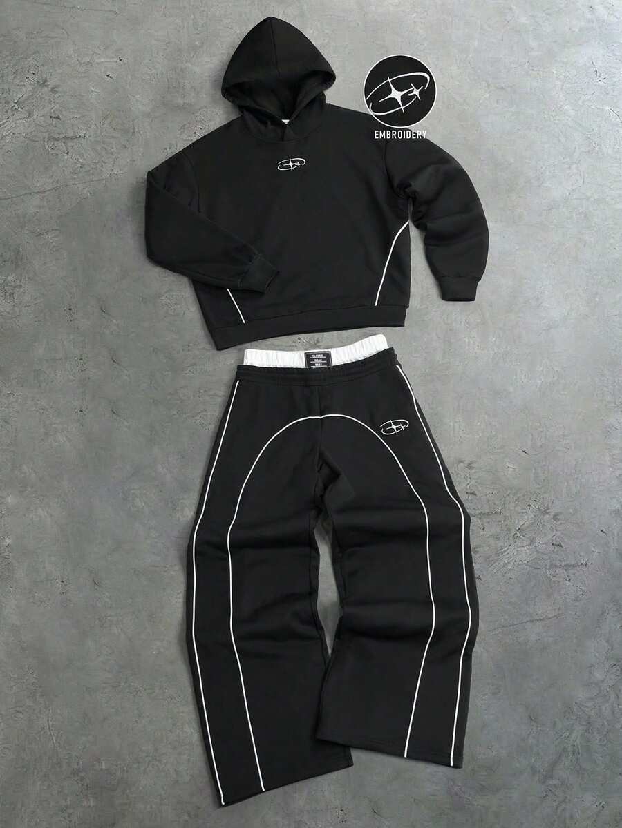 SHEIN 兒童青少年男孩 2 件組 新 Logo 刺繡圖案街頭運動風拼色鑲嵌黑色連帽衛衣與喇叭褲套裝，適合秋冬、開學季、舒適穿著、家庭聚會、生日派對、拍照、度假、節日、運動風格