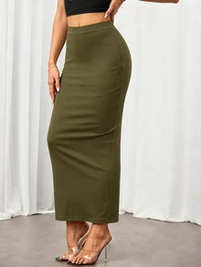 SHEIN Tall 純色鉛筆裙黑色緊身裙，適合高個女性 - 軍綠色 - 查看 4
