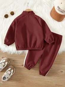 SHEIN 男女嬰兒/幼兒 2件組 秋冬休閒時尚拼色拼接立領運動衫套裝，夾克套裝，嬰兒運動服，嬰兒冬裝 - 紅色 - 查看 2
