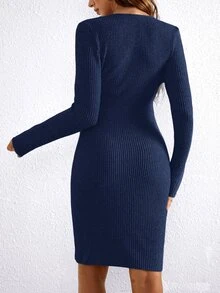 SHEIN 孕婦休閒純色綁帶修身洋裝，秋冬棕色孕照拍攝洋裝，秋季咖啡色 - 藏蓝色 - 查看 2