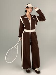DAZY Women's Colorblock Long Sleeve Top And Pants Casual Daily Sports Set - Brown - View 2