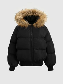 SHEIN Tween女孩童裝極簡風大廓型毛絨裝飾連帽加厚棉襖黑色羽絨外套秋冬款 - 黑色 - 查看 2