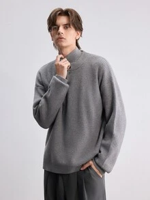 RONVEXI Men's Ribbed Minimalist Button Half-Placket Long Sleeve Sweater - Grey - View 7