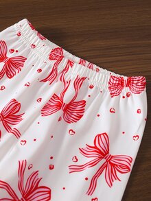 SHEIN 秋冬少女甜美可愛優雅親膚柔軟舒適休閒日常穿著蝴蝶結與愛心印花前開襟針織長袖上衣與長褲2件套家居服度假居家風 - 彩色 - 查看 6