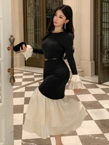 DAZY Women's Long Colorblock Patchwork Fitted Banquet Dress - Black - View 5