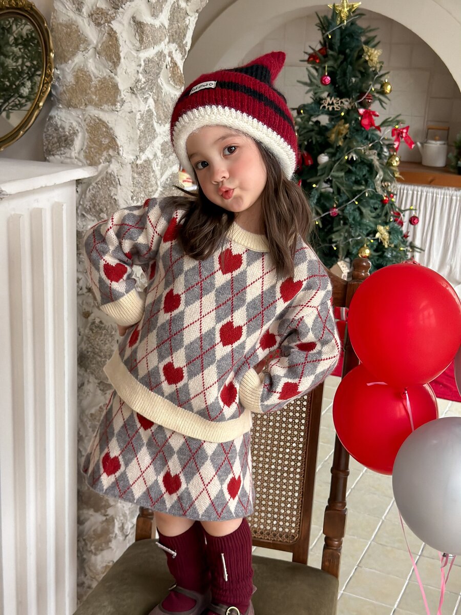 DAZY Bộ 2 món áo len bé gái sơ sinh cổ tròn họa tiết kim cương tay dài - Màu be - Xem 1