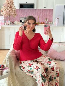Slumberry CURVE Plus Size Women Solid Color Button Design Long Sleeve Top And Santa Claus Print Pants Pajama Set - Multicolor - View 6
