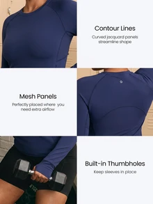 GLOWMODE Plus Size Quick-Dry GlowRun Long Sleeve Training Top With Reflective Back Details & Thumbholes Running Gym Training Fall Active Wear - Dark Blue - View 3