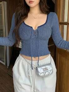 Dazy Plus Colorblock Patchwork Lace-Up Design Short Crop Top Long Sleeve T-Shirt - Teal Blue - View 4