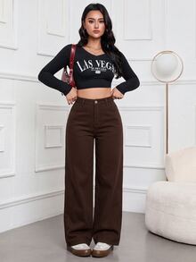 Jeanoix 女款休閒日常牛仔褲，附口袋與鈕扣設計 - 棕色 - 查看 4