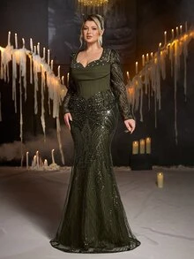 Glamrae Plus Size Army Green Luxury Beaded Sequin Patchwork Elastic Fabric Elegant Mermaid Tail Heavy Work Evening Gown - Army Green - View 7