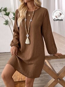 EMERY ROSE Plus Size Brown Textured Round Neck Long Sleeve Dress Elegant Formal Fall Winter 2026 - Brown - View 5