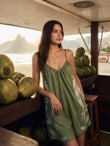 CAJUNI Romper Wanita Motif Bunga Kasual untuk Pemakaian Sehari-hari dengan Tali Bahu Tipis - Olive Green - View 4