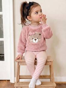 SHEIN Bộ áo nỉ họa tiết hoạt hình xù xì dễ thương & quần dài cạp chun cho bé gái, mùa thu/đông - Màu Khaki - Xem 6
