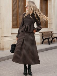 SHEIN VCAY Plus Size Women Striped Pleated Long Sleeve Top And Skirt Casual 2 Pieces Set - Brown - View 8