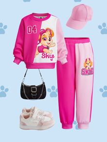 SHEIN | PAW Patrol 女童卡通印花長袖運動衫與慢跑褲套裝 - 彩色 - 查看 3