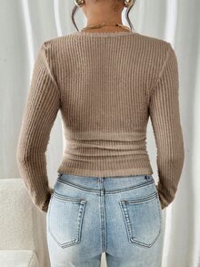 SHEIN Frenchy Solid Color Asymmetric Hem Ribbed Long Sleeve T-Shirt With Funnel Neck Winter Casual Spring - Camel - View 2