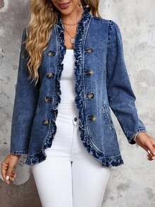 SHEIN CURVE+ Plus Size Women's Long Sleeve Double-Breasted Frill Trim Casual Denim Jacket - Blue - View 1