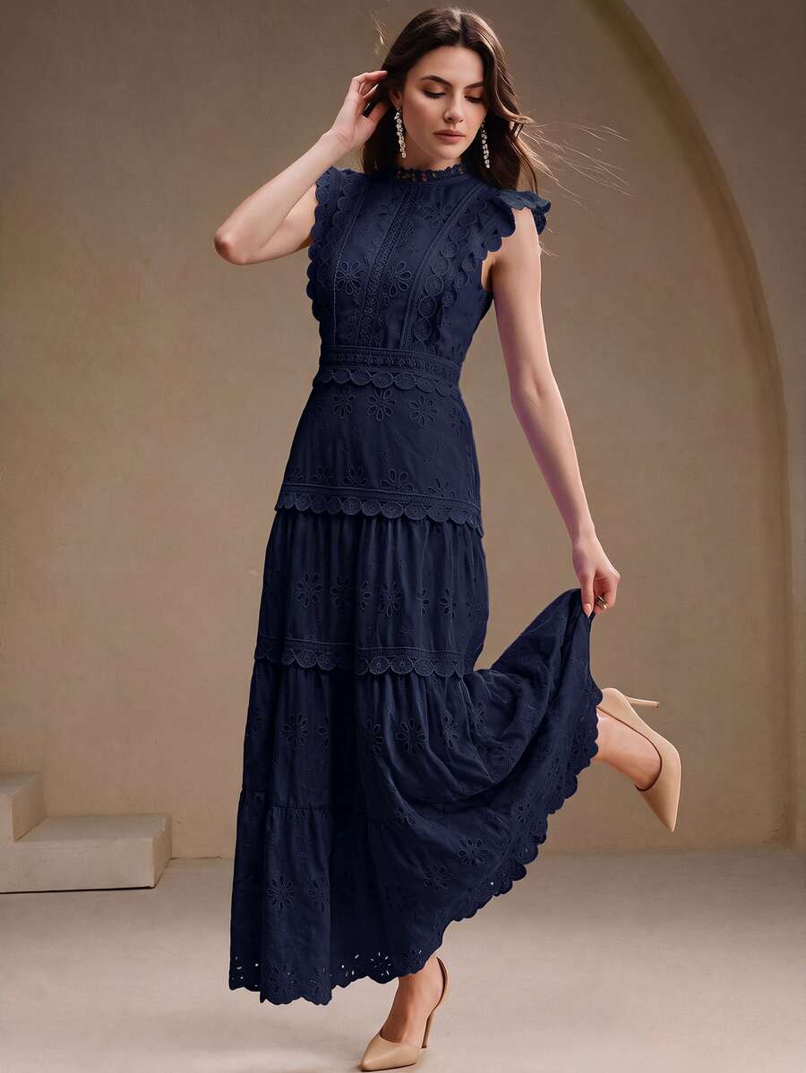 Anewsta Women's New Fashion Elegant Hollow Embroidery Patchwork Multi-Layer Lace Stand Collar Flutter Sleeve Deep Purple Long Dress - Navy Blue - View 1