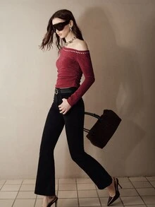 MOTF PREMIUM ASYMMETRICAL SHOULDER RUCHED WAIST LONG SLEEVE T-SHIRT - Burgundy - View 6