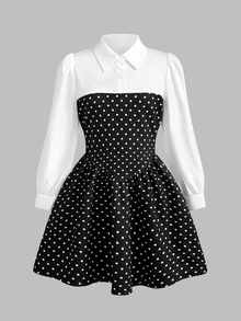 SHEIN 青少年女孩白色襯衫黑色波點拼接收腰洋裝，柔軟針織舒適秋冬新款，適合正式場合、休閒日常、派對、舞會、晚宴、節日穿搭，2合1 - 黑色 - 查看 5
