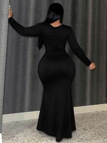Slaydiva Plus Size Women's Sexy Solid Color Square Neck Long Sleeve Mermaid Dress, Suitable For Party Wear - Multicolor - View 2