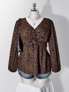 SHEIN ICON Women's Plus Size Leopard Print Knot Front Blouse - Brown - View 1
